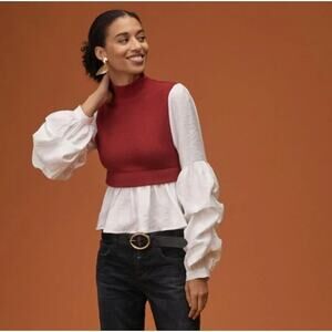 ANTHROPOLOGIE Layered Ruffled Sweater Vest Maroon Red White Sz S {3W52}